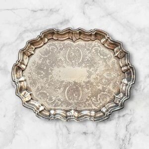 Vintage Serving Tray Silver Plated Footed Oval Vanity Perfume Display